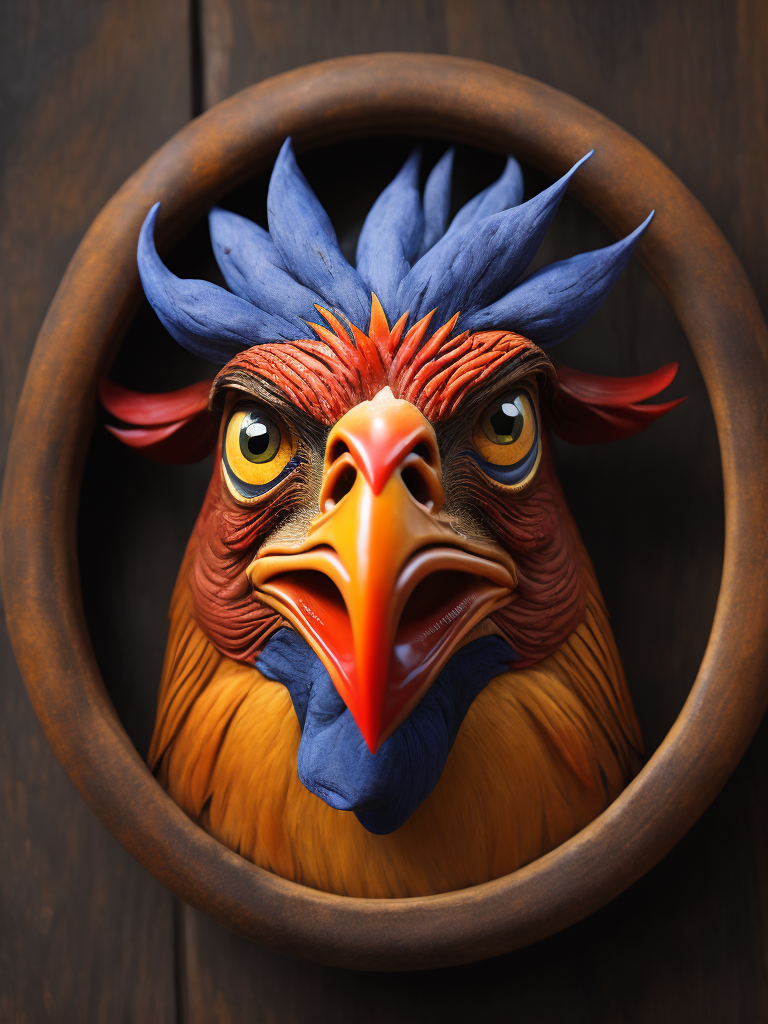 grumpy old rooster head with large eyes, contained in a circle