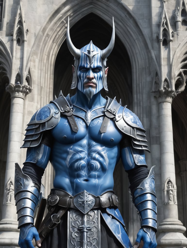 Scottish warrior with blue paint on the face, standing in front of the gothic church, hyper realistic, dramatic,dark white and silver,