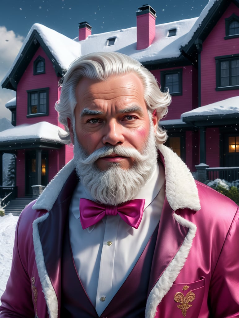 babbo natale moderno, con capelli da hipster e barba bianchi, abiti rosa scuro e un mood elegante e sofisticato. La barba con taglio particolare, ed un fiocco rosa scusa che la raccoglie sulla lunghezza. SUllo sfondo una casa moderna immersa in un paesaggio innevato.