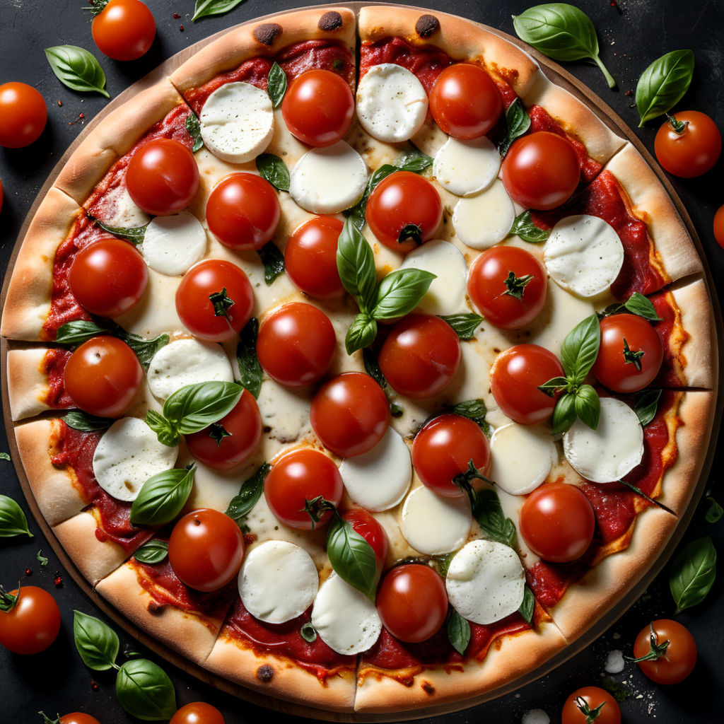 Photorealistic photo of a pizza, point of view from top, simple dressing, only 2 buffalo mozzarella slices, fresh basil, 5 small red cherry tomatoes