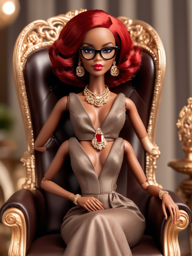 barbie doll , black skin, with red bob with big glasses sitting in fancy chair with mic with fancy brown dress with designer jewelry