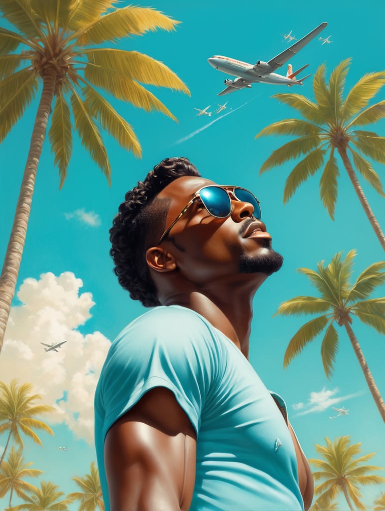 Pin up art, portrait, a black man raised his head up, looks at the sky, sunglasses, one airplane flies in a clear sky and leaves a mark, summer, palms around, palms reflected on a sunglasses, turquoise shades, style by Gil Elvgren