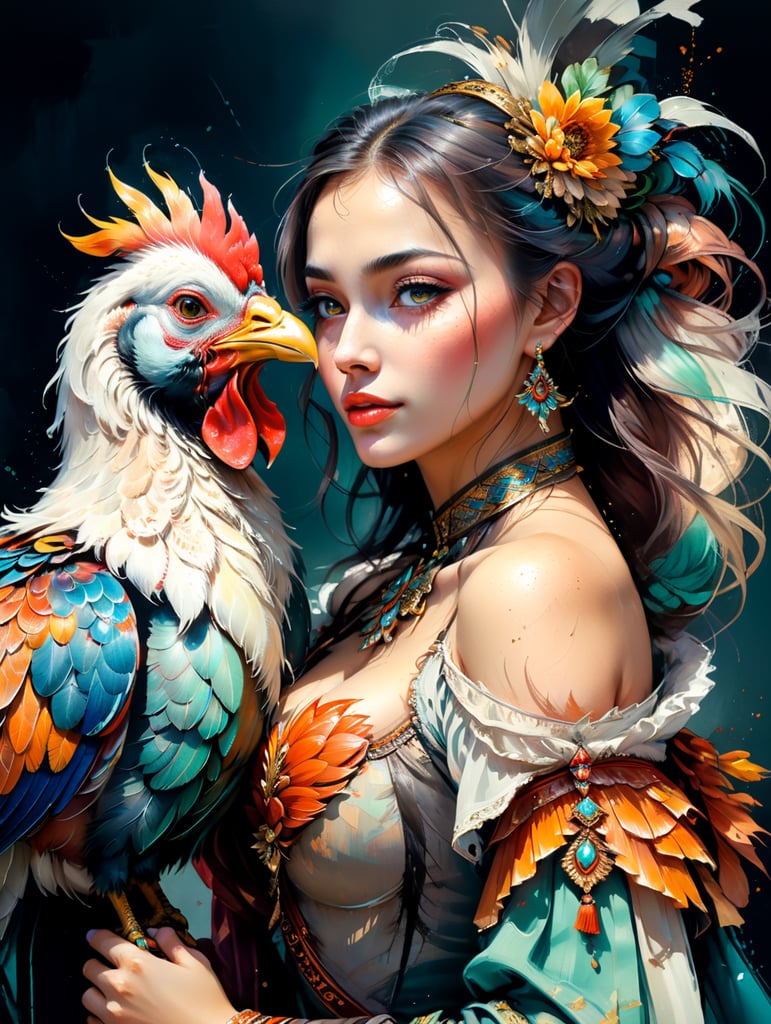 Portrait of a Beautiful women from Romanian fairytale wearing traditional costume hugging a Rooster