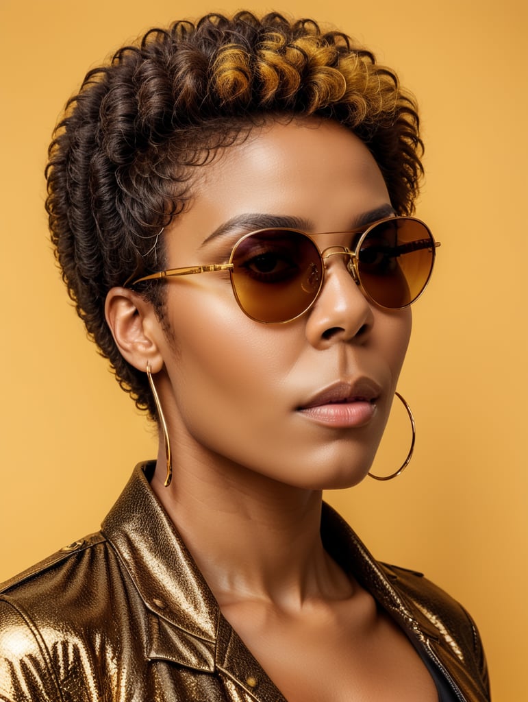 African woman with afro hair style wearing sunglasses, fashion shoot, only face, yellow background, studio photography, magazine cover, ultra bright colors