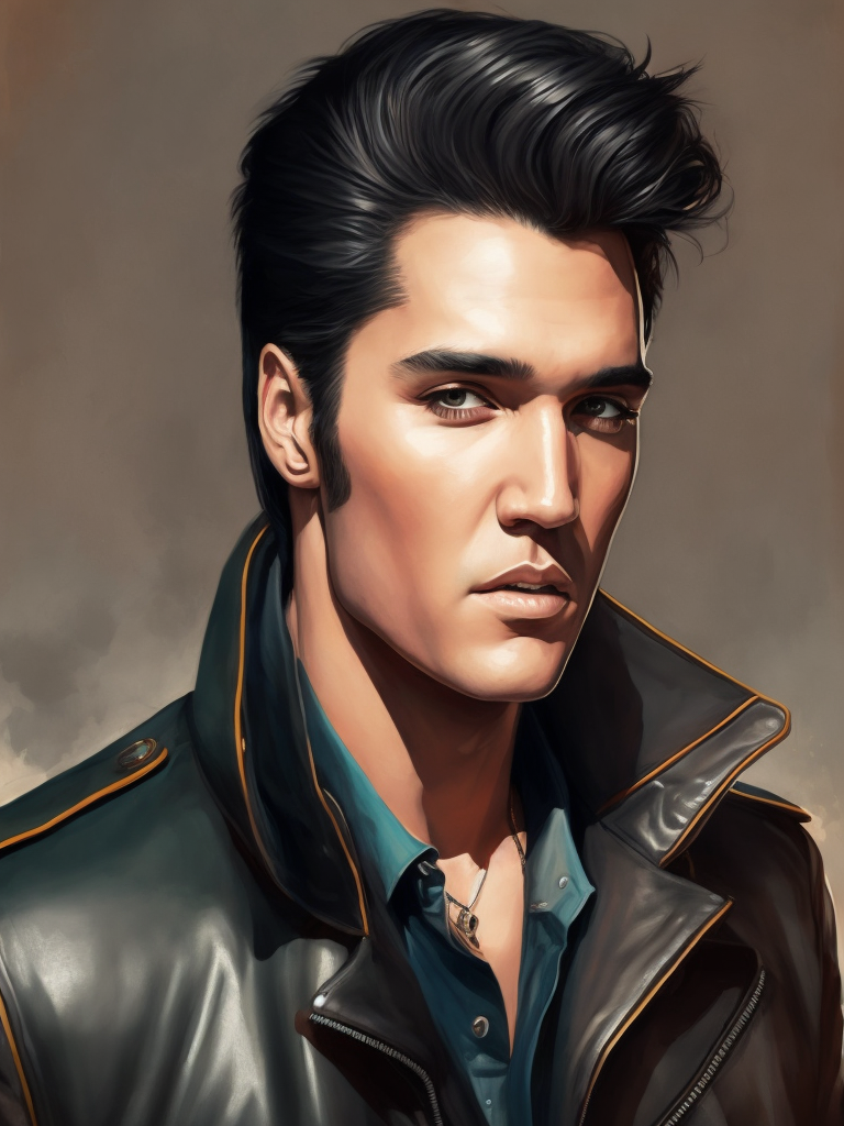 Portrait of Elvis Presley wearing a black leather jacket, studio photo, professional photo, Bright and rich colors, Detailed image, detailed face