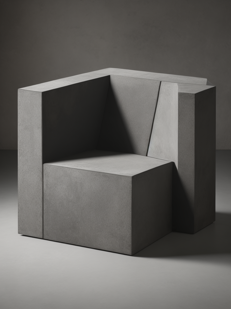 a chair made from concrete, modern design, flat shape, cube, grey background, modern art, everythink dark grey