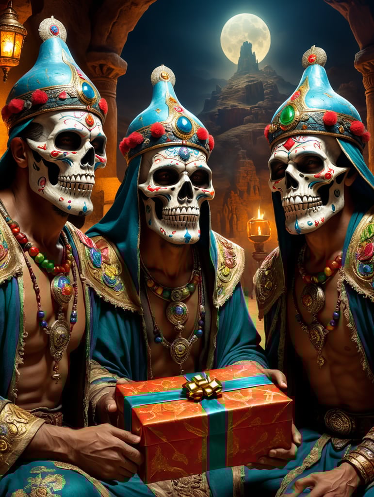 the three wise men with a Mexican skull mask showing their gifts, desert scene, detailed, good lighting and good definition