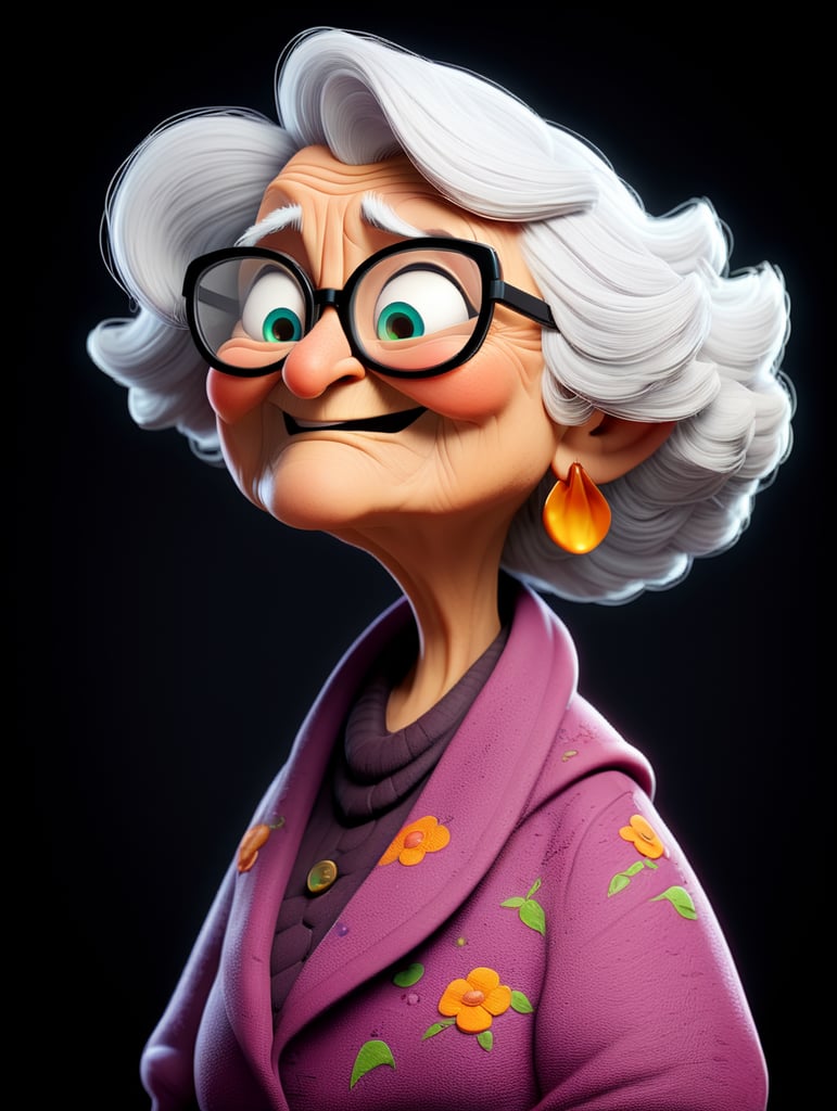 old women character with black glasses, cartoon, isolated, black background