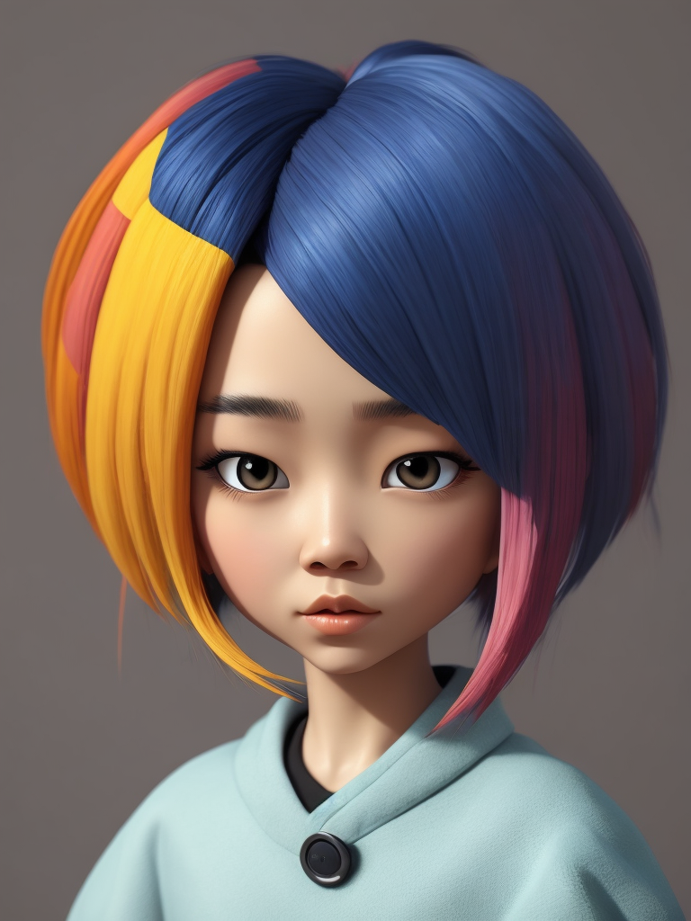 Cute 3d character, korean fashion, colorful hair, blender render, y2k, art toy, creative