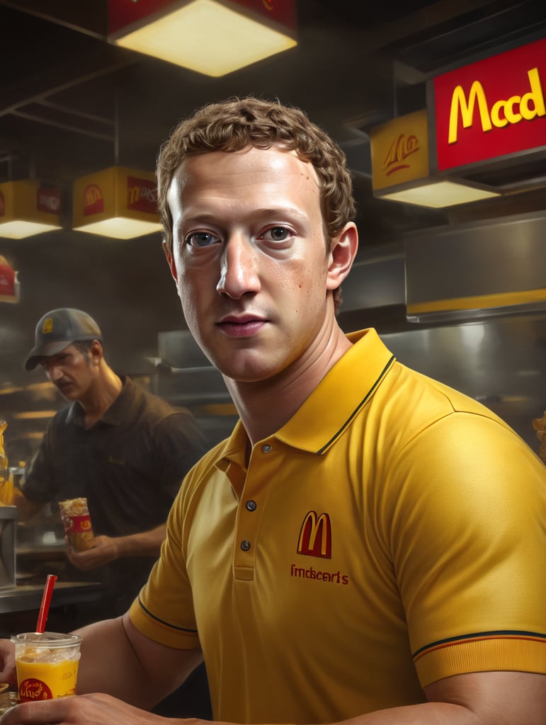 Mark Zuckerberg als McDonalds Arbeiter. total verschwitzt, Gelbes Poloshirt