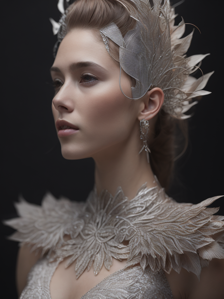 Complex 3d render ultra detailed of a beautiful profile angel, biomechanical cyborg, analog, 150 mm lens, beautiful natural soft rim light, big leaves and stems, roots, fine foliage lace, colorful details, samourai, boris bidjan saberi outfit, pearl earring, piercing, art nouveau fashion embroidered, intricate details, mesh wire, mandelbrot fractal, anatomical, facial muscles, cable wires, microchip, badass, hyper realistic, ultra detailed, octane render, volumetric lighting, red and white with a bit of black, detailled metalic bones, semi human, iridescent colors, glenn brown style, black background