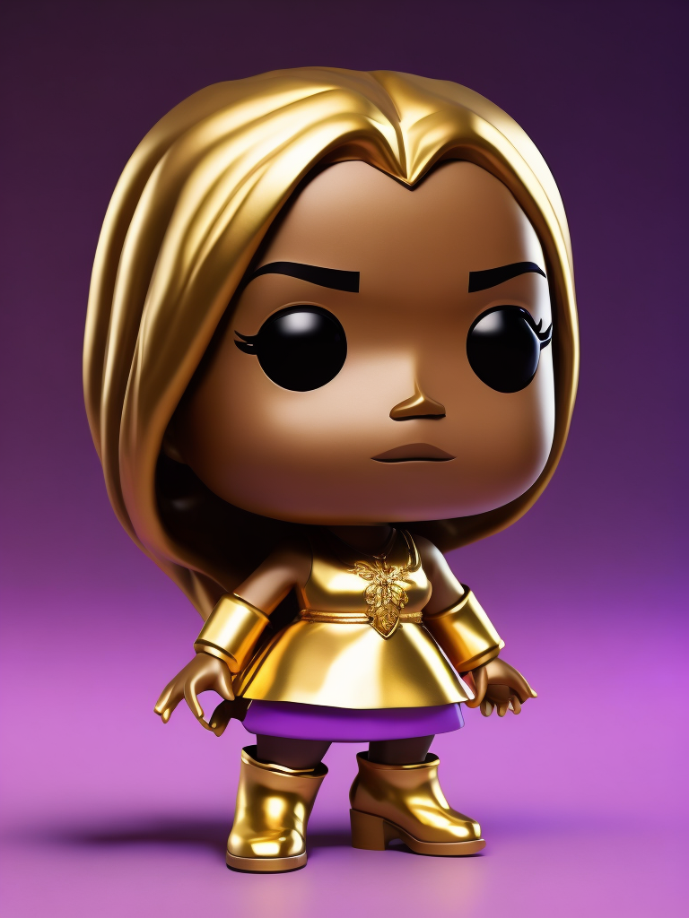 Full body Plastic figurine of of beyoncé with gold hair, gold dress, gold boots, 3d octane render, funko pop, violet background, vibrant colors