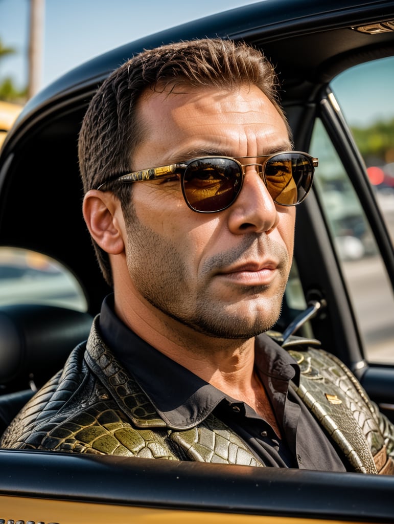 Alligator taxi driver, sitting behind the wheel of a taxi, close-up shot, sunglasses