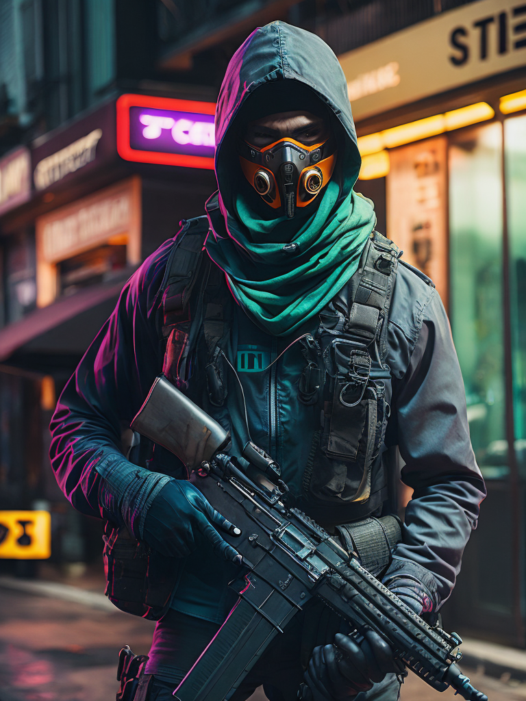terrorist man with mask from counter strike game with ak-47, ultra realism, super detailed, neon colors, magazine cover, professional shot, magazine photography, bright saturated colors, sharp focus, highly detailed