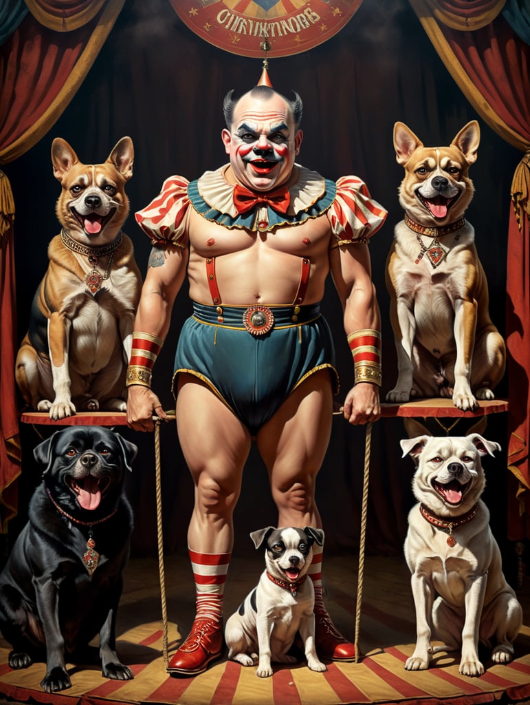 Vintage style circus sideshow poster of a full body anthropomorphic Scary midget with dogs head