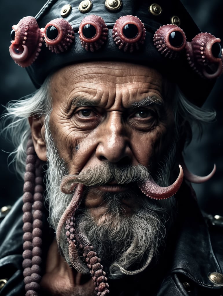 old pirate with octopus beard, dark scene, dark atmosphere, epic shot, sharp on details