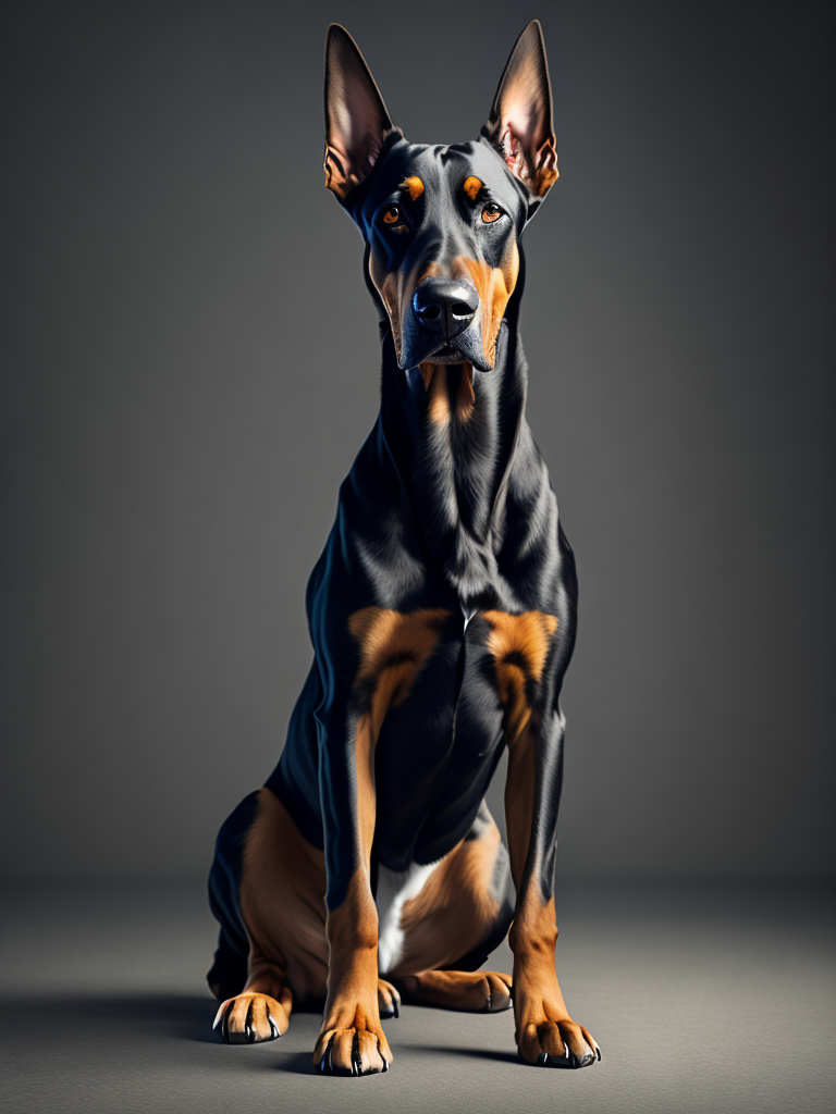 intimidating Doberman dog sitting on hind legs and looking directly at the camera