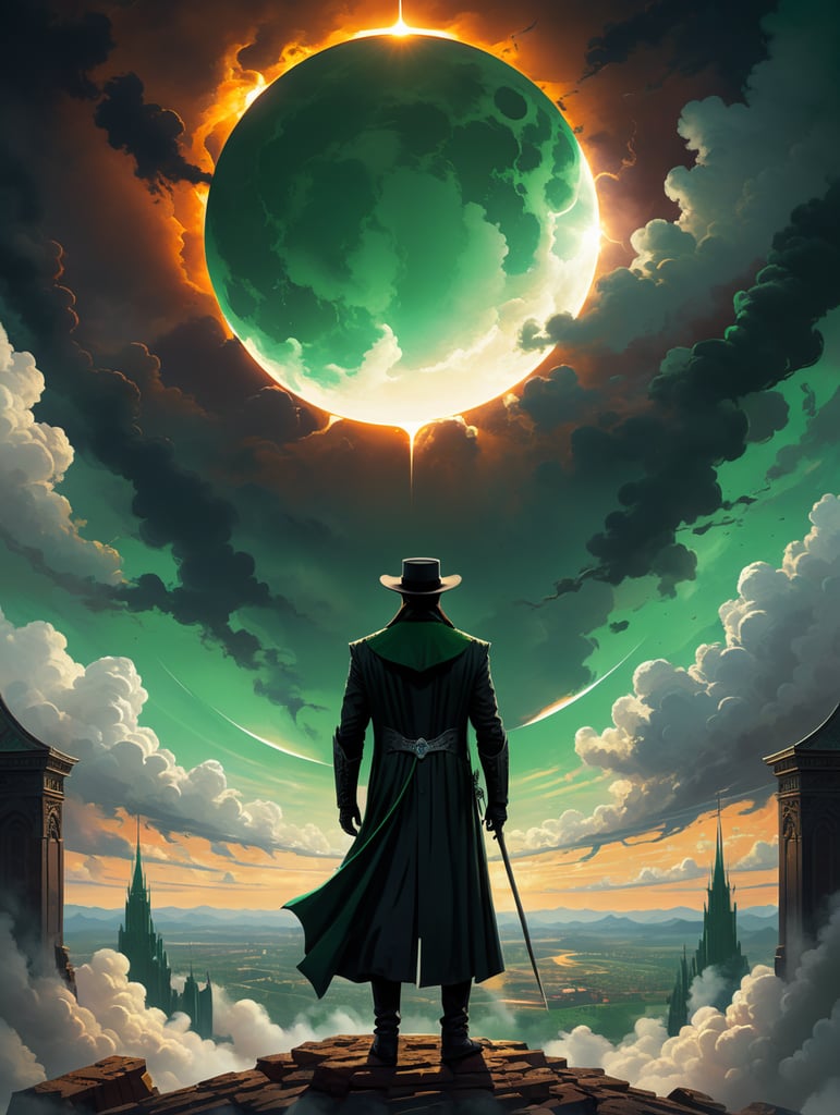 An minimalist flat illustration of a Undertaker facing away | observing a large solar eclipse and clouds in the background | tilted panorama | triadic emerald palette --s 70