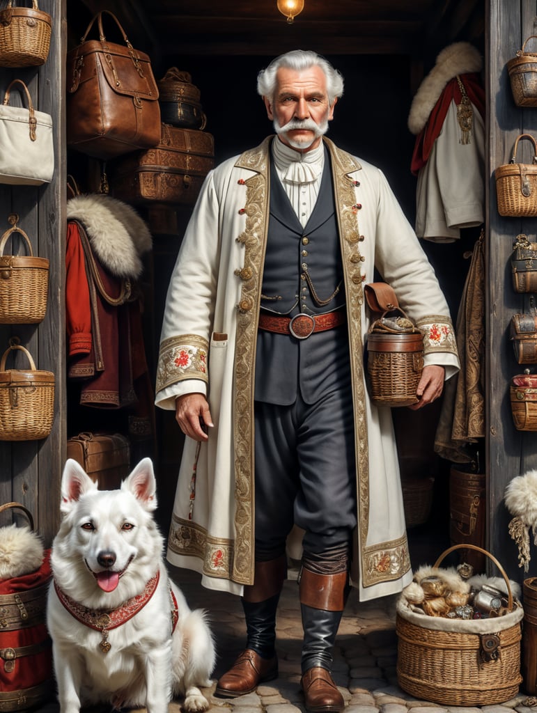 Retro poster of an old Austrian traveler with a white dog, dressed in traditional Austrian clothes, behind with things