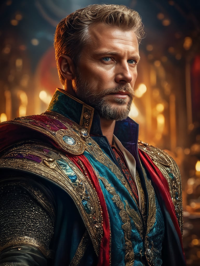 Portrait of Thorsten Simon, bright and saturated colors, elegant, highly detailed, vogue, fashion magazine, sharp focus, bright expressive makeup, dramatic lighting, depth of field, incredibly high detailed, blurred background'