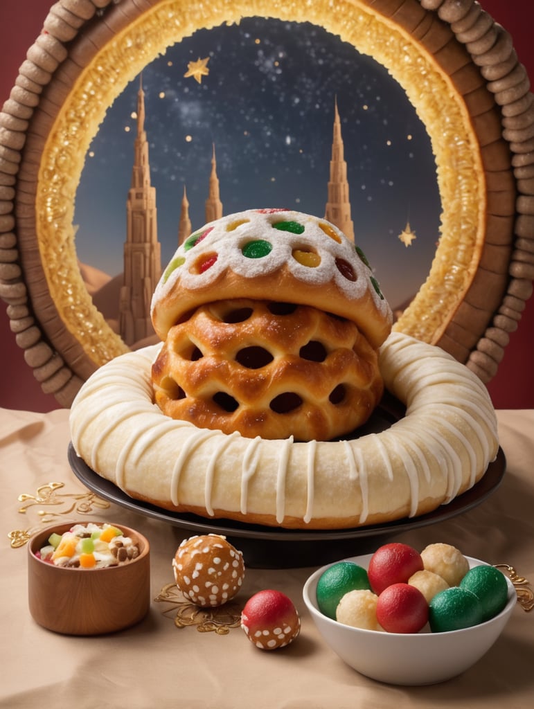 Mexico's rosca de reyes made of star wars movie elements space in the background