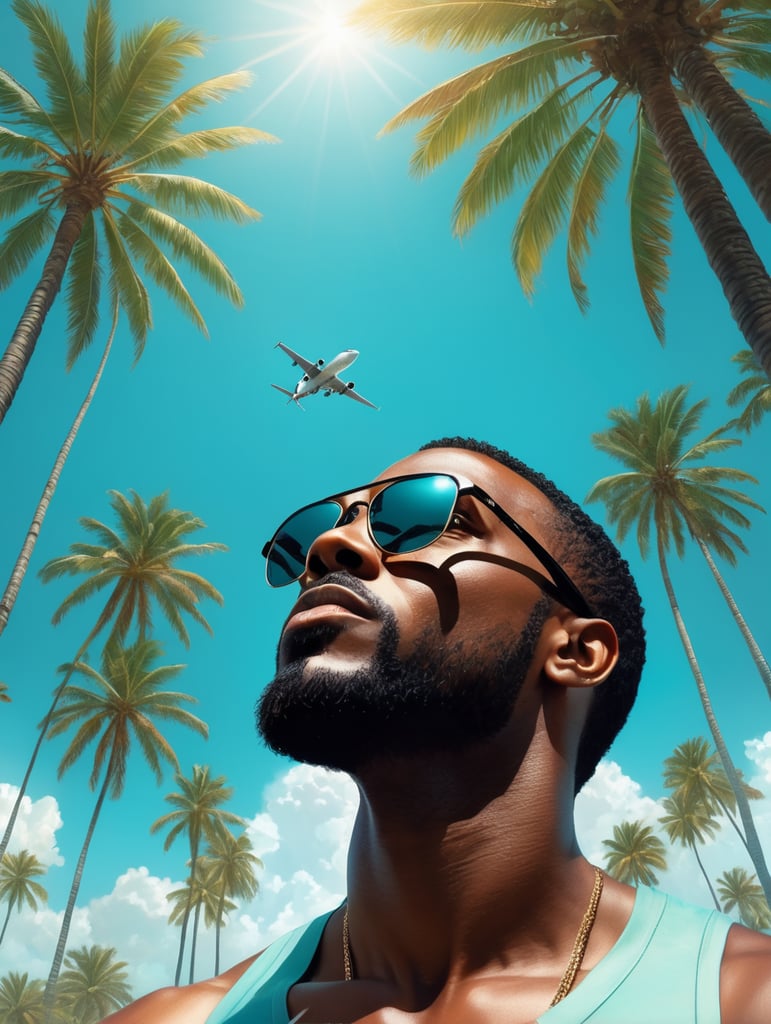 a black man raised his head up, looks at the sky, sunglasses, one airplane flies in a clear sky and leaves a mark, summer, palms around, palms reflected on a sunglasses, turquoise shades, style of Richard Corben