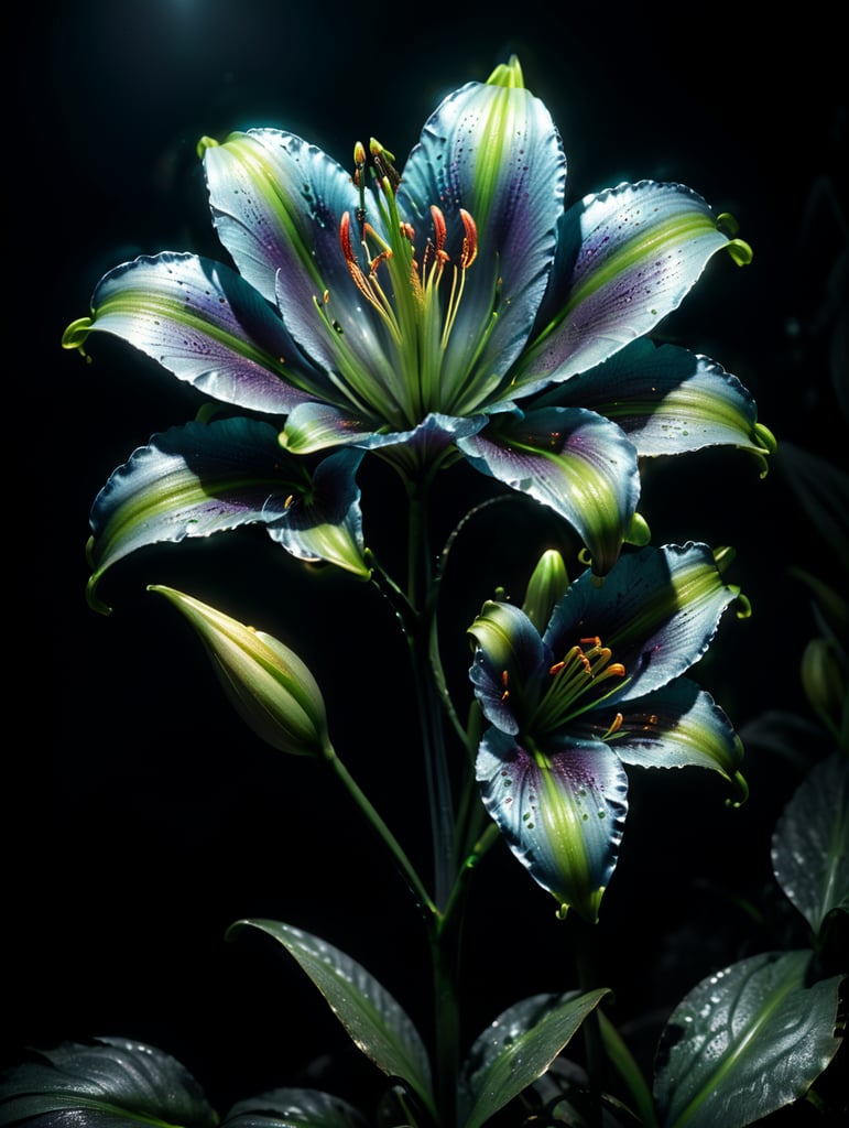 bioluminescent flower Lily, hyper detailed rendering, 4k, magic light, neon watercolours