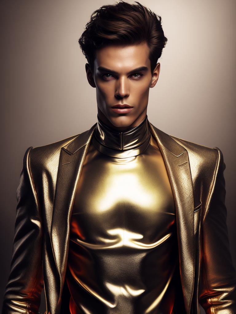 Male super model in a shiny metallic suit, Movie light, Photography, studio photo, professional photo, Rich colors, Detailed image, detailed face, style of James Bidgood
