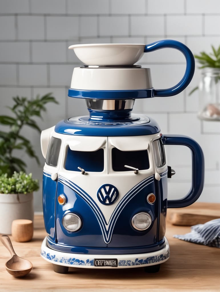 a vintage coffee maker shaped like a blue and white volkswagen kombi, grain grinder on top, coffe mug, kitchen, realistic