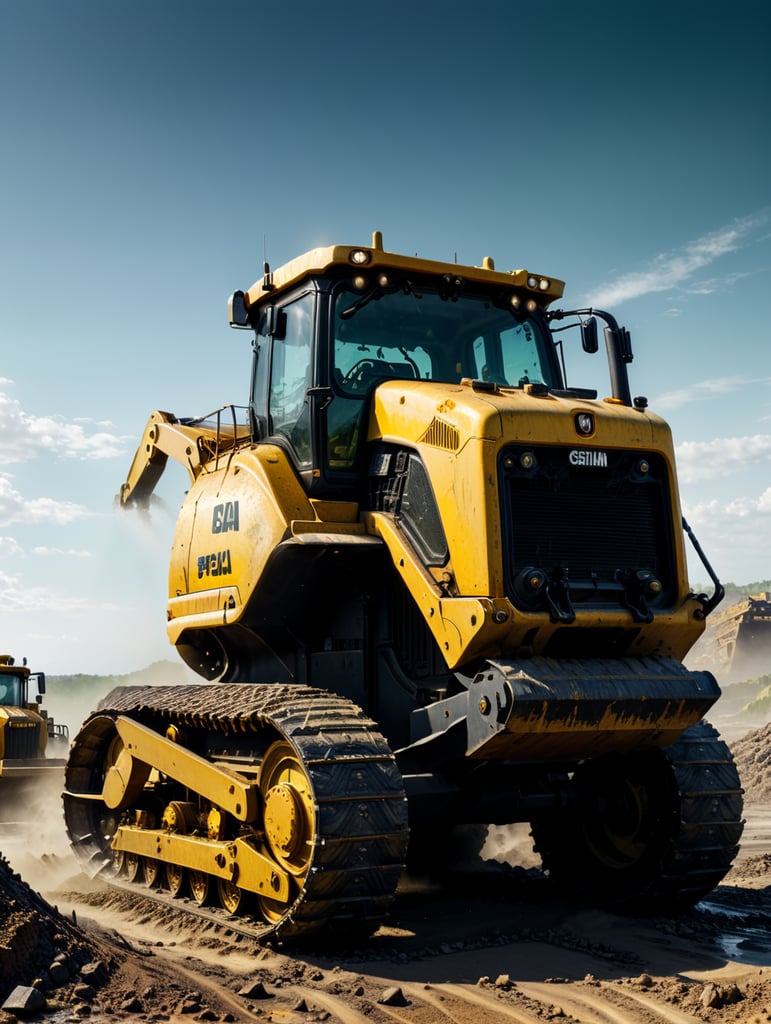 On a summer's day, a yellow caterpillar Crawler Dozer - Left Half Side View speeds ahead, splash in a wasteland.