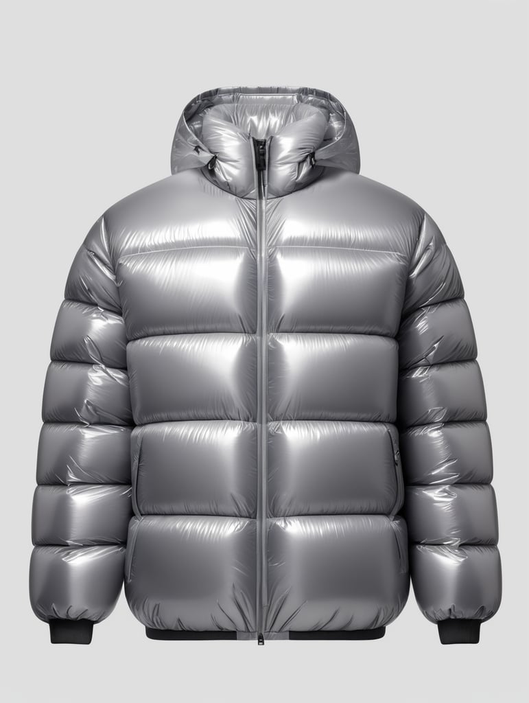 Inflatable white minimalist man's puffer jacket, transparent, isolated, grey background, mockup