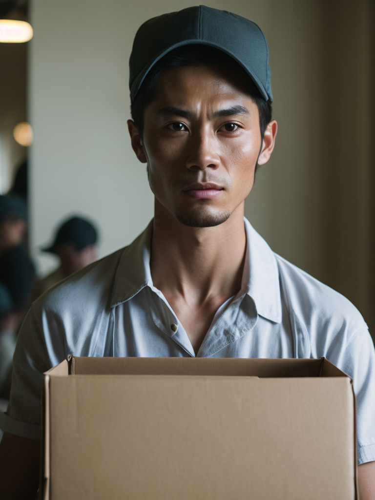 portrait of a delivery (((Chinese man))), wearing a white cap and white t-shirt, holding a box