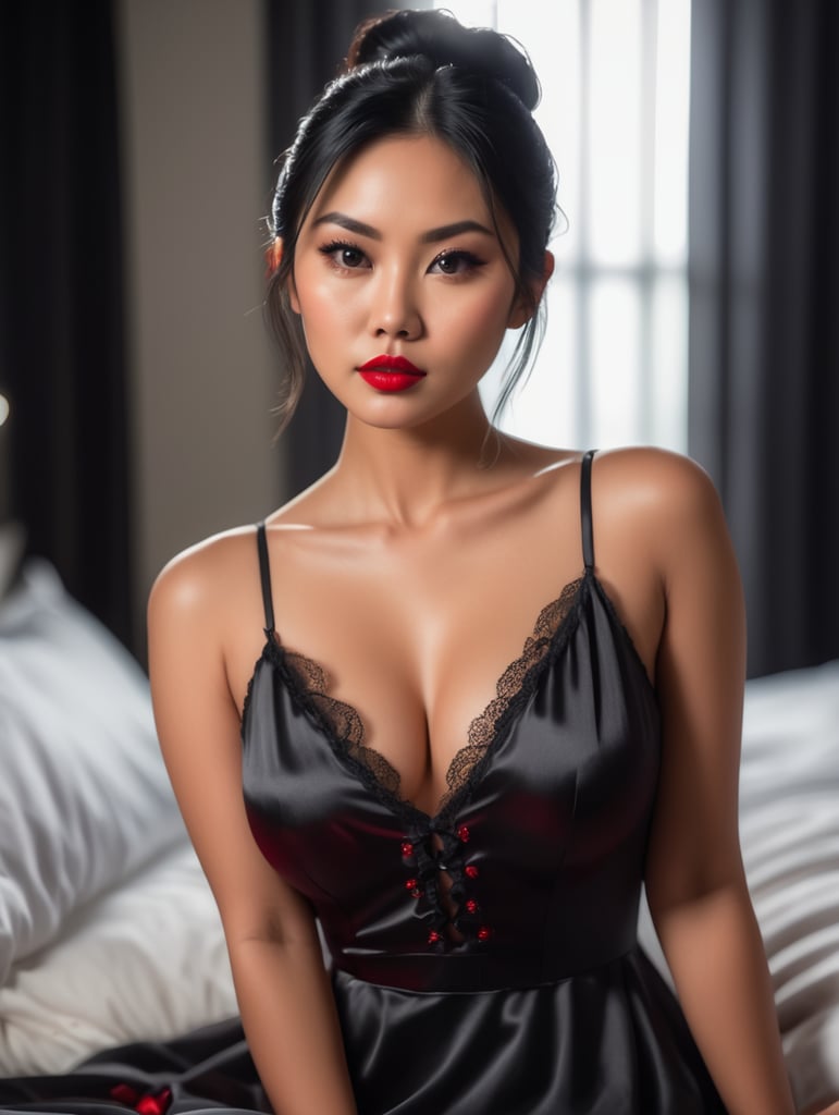 High quality image, an attractive 28 asian woman, black hair medium length below shoulders, red lipstick, medium bust, wearing a red nightie, sitting on a bed in a dimly lit bedroom, looking at camera, dramatic lighting, blurred background