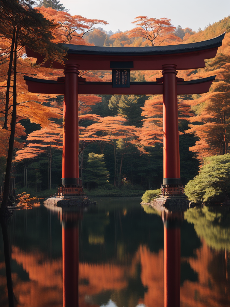 Red torii gate in middle of a lake, Dense forest on the edge of the lake, Bright and saturated colors, Japanese culture, photorealistic, contrast light