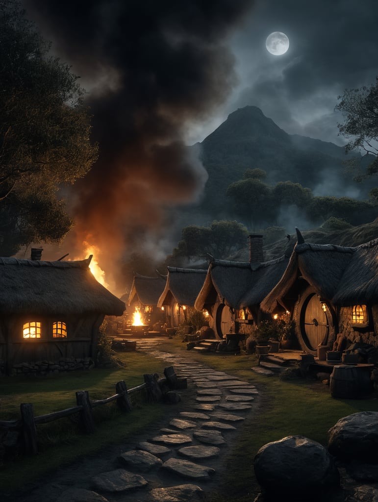 Magic hobbits village at night, bog moon, camp fire, smoke