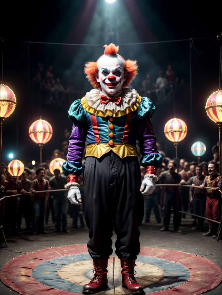 a cute clown in a circus ring, Full body, with cheerful features, not at all scary, juggling small balls