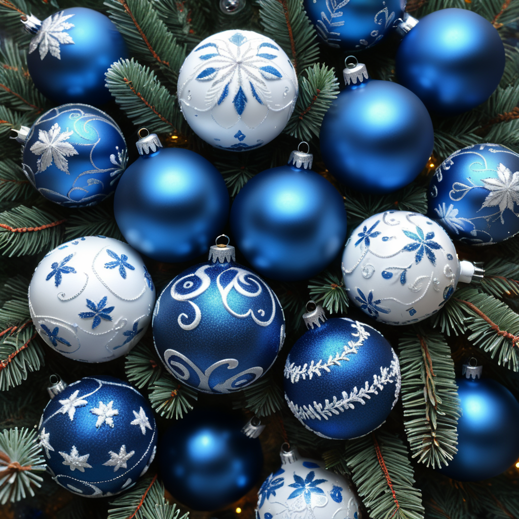 blue and white Christmas balls of different sizes, very close together, on pine branches, top view