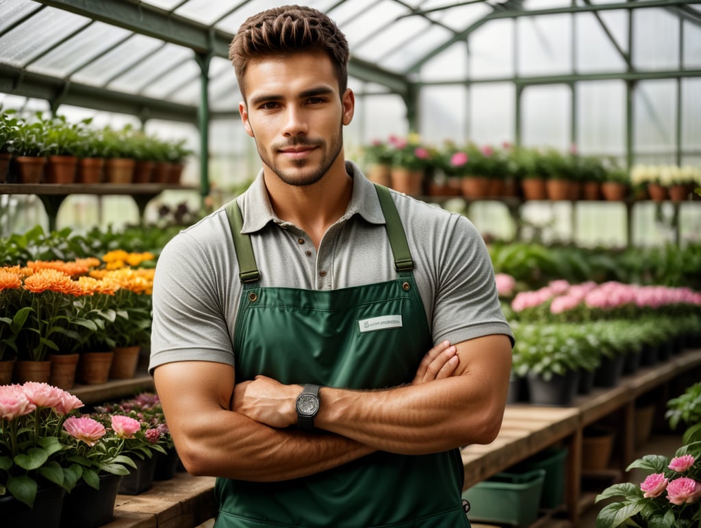 Realistic photography of a handsome young male florist gardener posing in greenhouse. Small business owner in flower shop