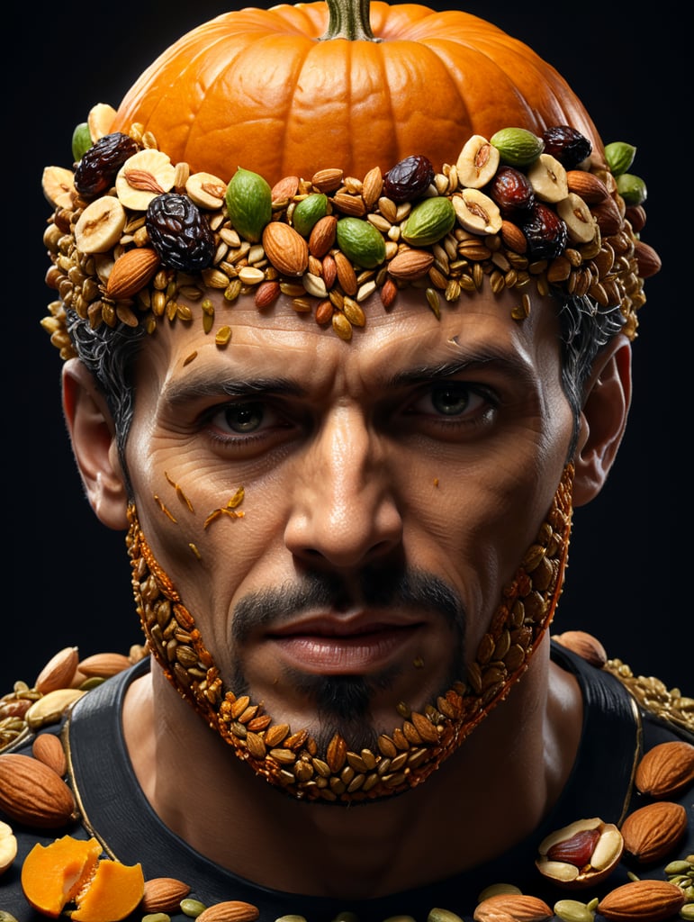 anatomy of a male, made of ingredients, nuts, raisins, almonds, dates, pumpkin seeds, isolated, black background