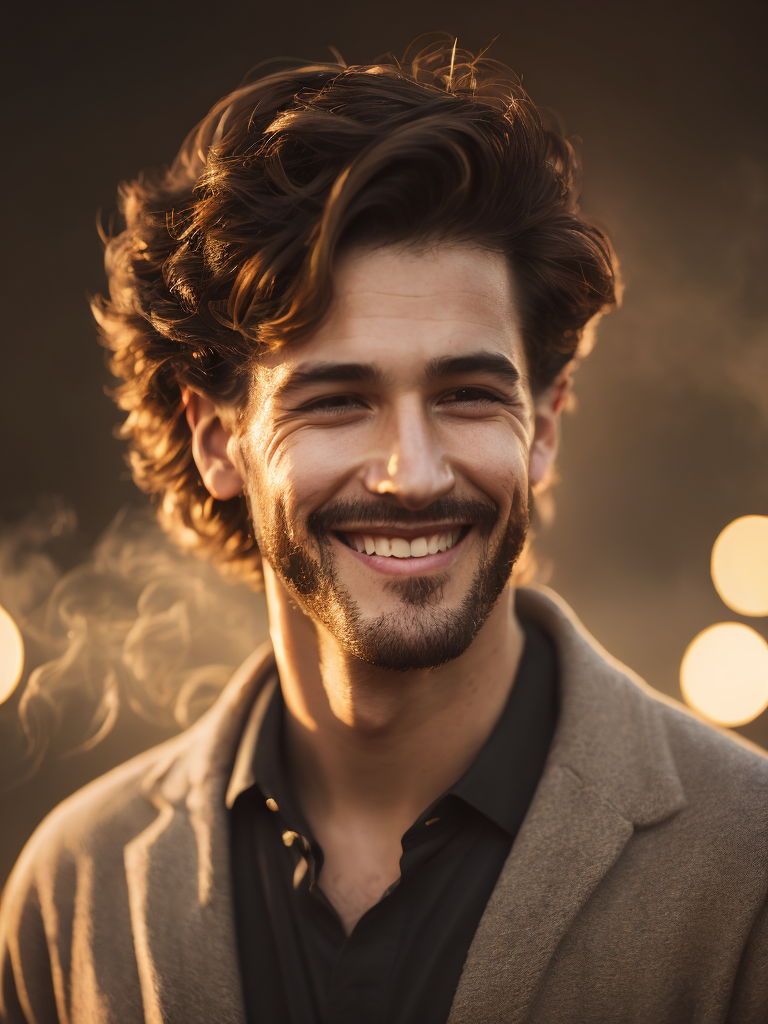 dude smiling as smoke swirls. golden hour, postmodern portraiture style, sepia tone, bokeh
