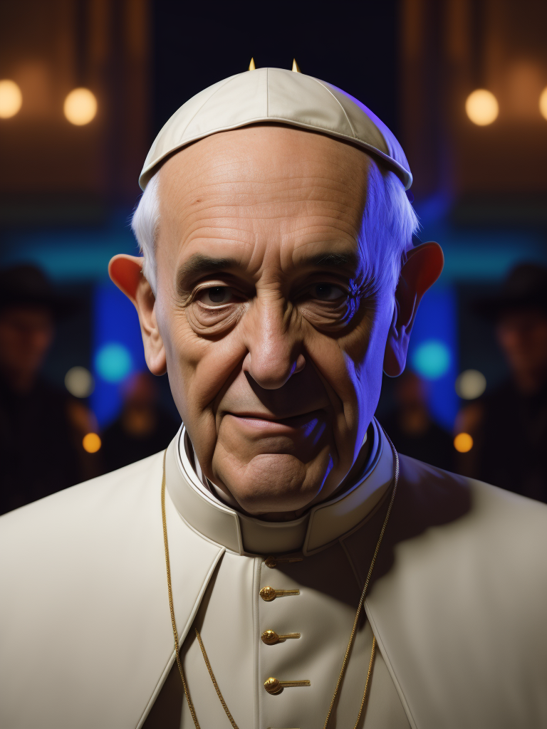 pope francois in front of a night club dressed as a bouncer ultra-realistic