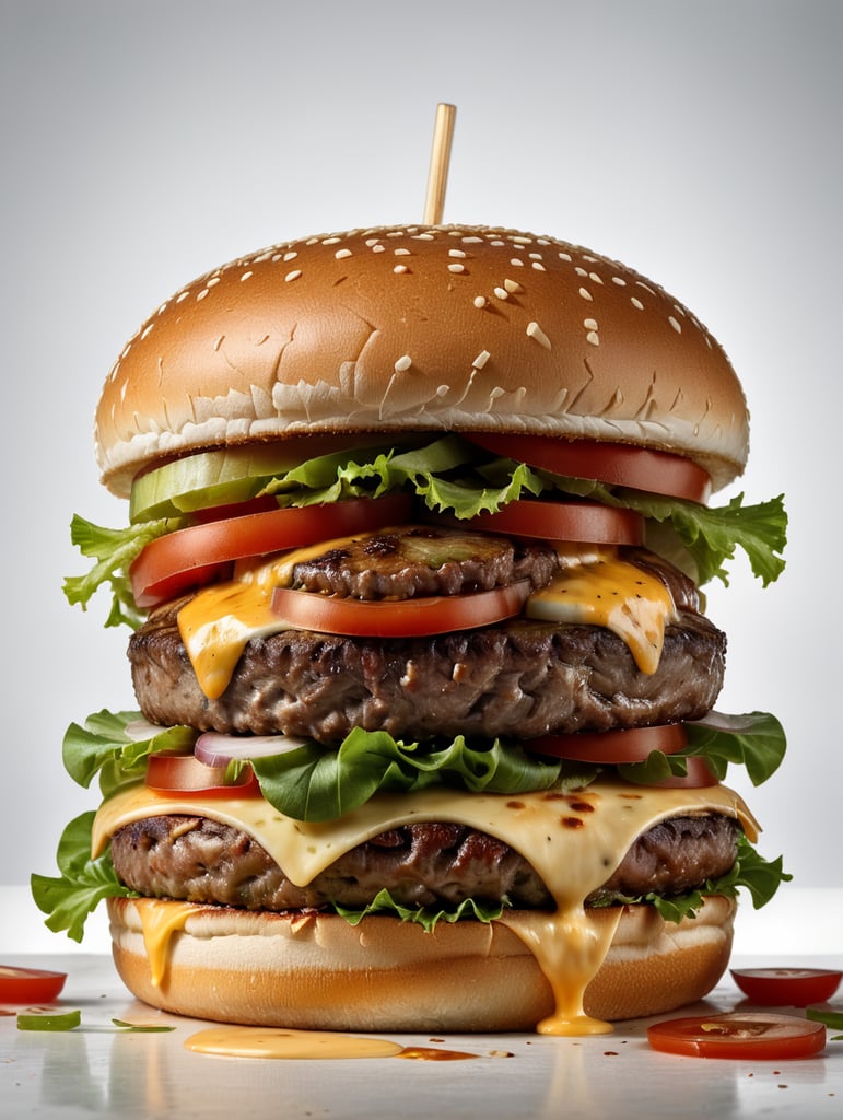 an appetizing burger with lettuce, tomato and melted cheese, ultra hd, isolated, hyper realistic, detailed,