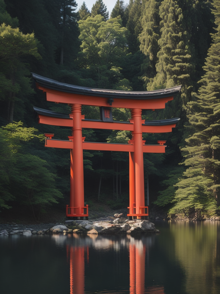 Red torii gate in middle of a lake, Dense forest on the edge of the lake, Bright and saturated colors, Japanese culture, photorealistic, contrast light