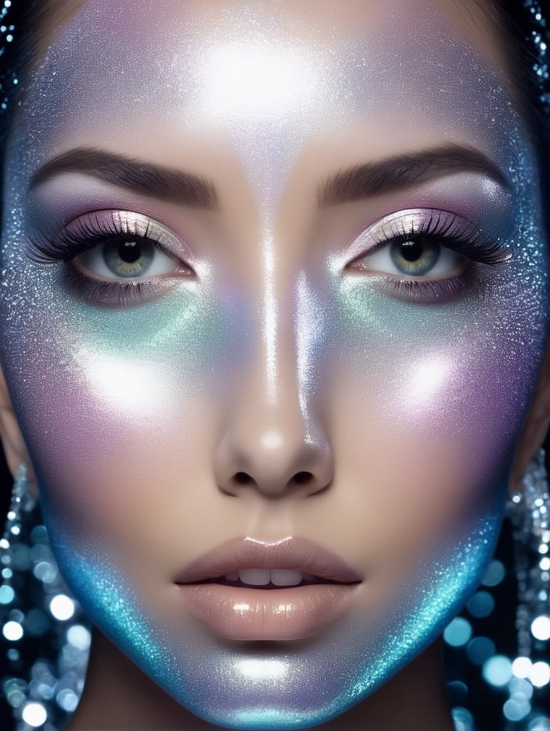 Mesmerizing Holographic face materials shimmer in motion, Photography in the style of Rankin