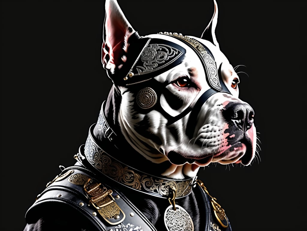 Pitbull with Samurai helmet and tribal harness, peak colar on a dark background