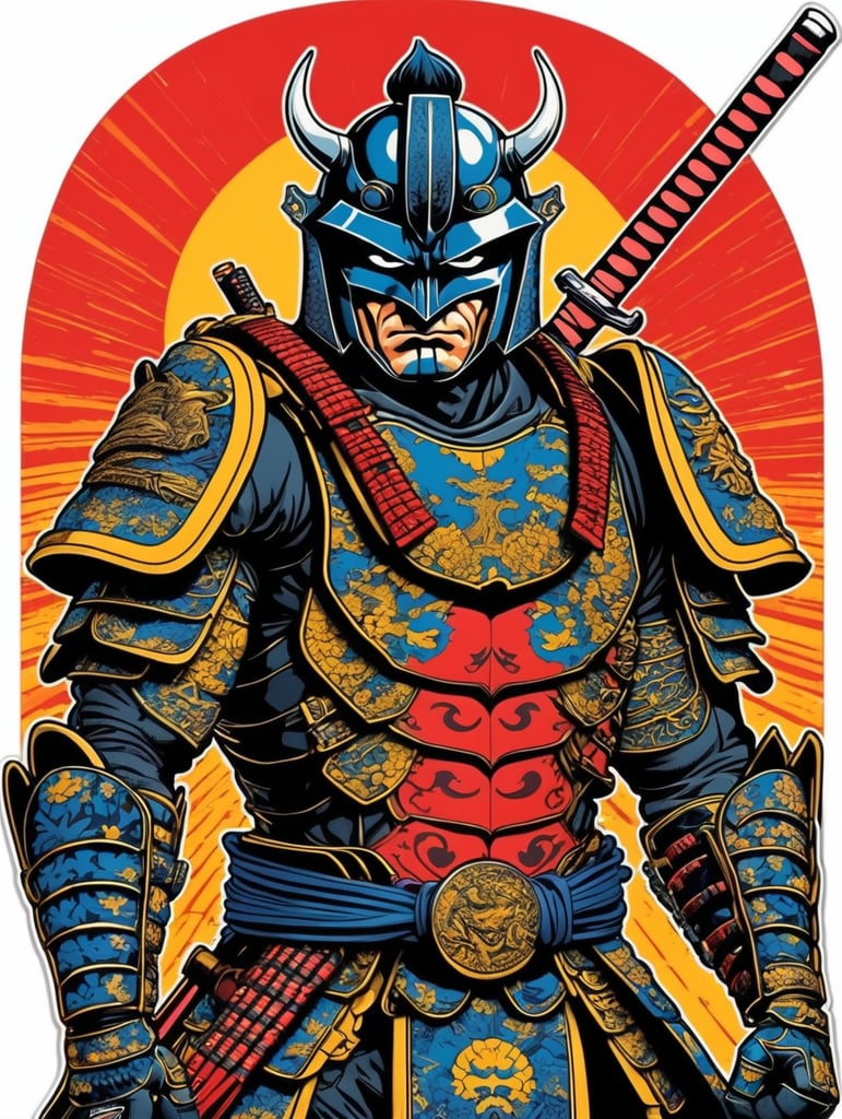 pop art illustration, samurai Batman, with katana, sticker.