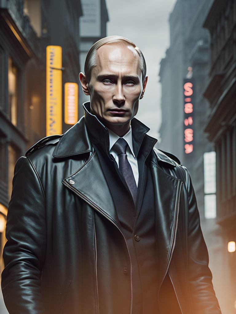 Vladimir Putin as model Balenciaga in a long black leather coat walking down the catwalk, high definition, photography, cinematic, detailed character portrait, detailed and intricate environment, detailed and intricate environment.