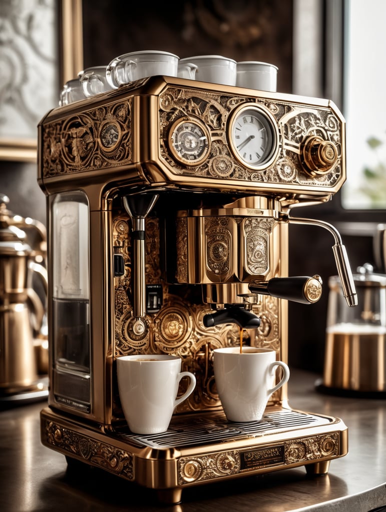 coffee maker made in steampunk style, decorated with gold, carved white plastic, ivory color, deep engraving