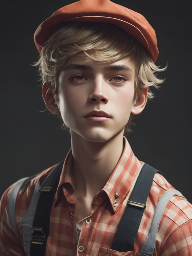 Young boy wearing a newsboys flat cap, curly blonde hair, deep amber eyes, overalls, red and white plaid button up shirt, hyper realistic, photorealism,