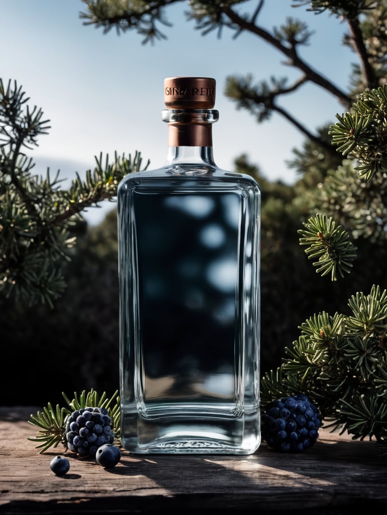 professional photography of a square gin bottle, square bottle, surrounding a juniper and juniper berries, one shot of gin in a front, no label, clear, mockup